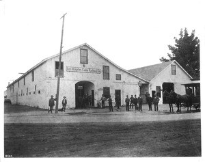 Exterior view of the Los Angeles Cable Railway Company building, northwest corner of 4th Street and Olive Street, ca.1889
