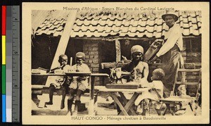 Men and women sewing and sawing outdoors, Congo, ca.1920-1940