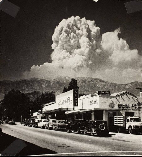 Looking north on San Gorgonio Avenue in Banning, California, showing fire in the San Bernardino Mountains