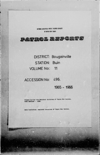 Patrol Reports. Bougainville District, Buin, 1965 - 1966