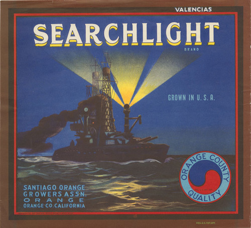 Crate label, Searchlight Brand, Orange, California, 1940s