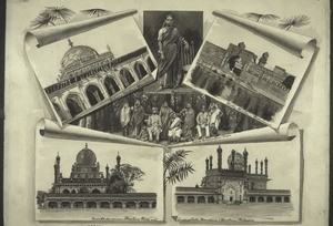Dschuma mosque in Bijapur." - "Brahmin girl." - "Mecca mosque in Bijapur." - "Group of Indian Muslims." - "View of the whole Ibrahim Roza with its entrance hall and mausoleum, Bijapur