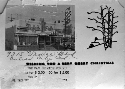 Christmas card prototype: "New look of Mabel's Cafe after being remodeled inside and outside. Operated cafe 25 years."