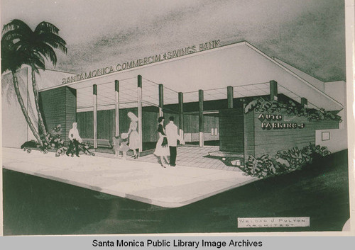 Artist rendering of Santa Monica Commercial and Savings Bank on Swarthmore Avenue in Pacific Palisades, Calif