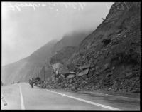 Debris blocks the Pacific Coast Highway after a landslide in Topanga Canyon, Los Angeles, 1930s