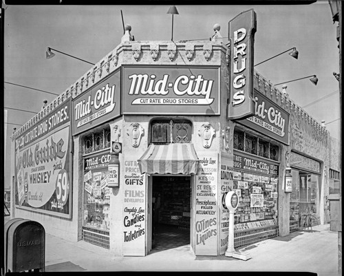 Mid-City Cut Rate Drug Store, 3773 South Western, Los Angeles. approximately 1941