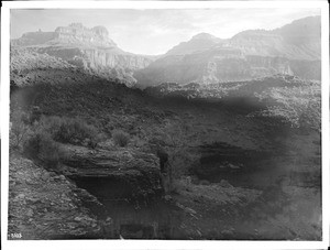 Bass Mystic Springs Trail, looking north from Rock (River?) Camp showing Bass Tomb and Dox or Dow Castle, Grand Canyon, ca.1900-1930
