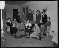 A meeting of the Pasadena Junior League with Mrs. Wardle Poulson, Mary Ford, Louise Hunter, Mary Stringfellow, Mary Rath, Mrs. Jerome Bishop Jr., Alice Kerckhoff, Gwenllian Hamblin, Lucetta A. Clifford, Elizabeth Washburn, and Ann Wyman, Pasadena, 1935