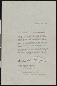 Archer Milton Huntington, letter, 1927-10-28, to Hamilton Garland
