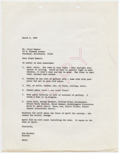 Letter to Lloyd Hamrol from Tom Marioni (Invisible Painting and Sculpture)