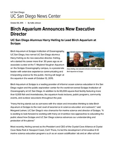 Birch Aquarium Announces New Executive Director