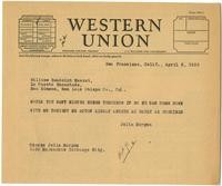 Telegram from Julia Morgan to William Randolph Hearst, April 5, 1930