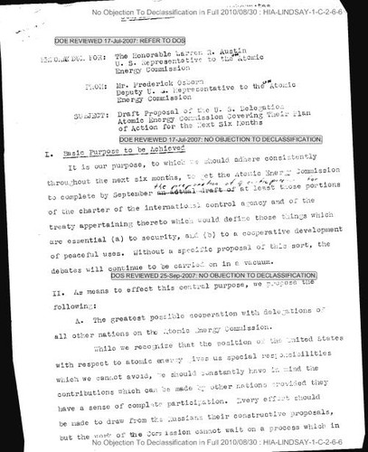 Frederick Osborn memo regarding draft proposal of the US delegation Atomic Energy Commission covering their plan of action for the next six months