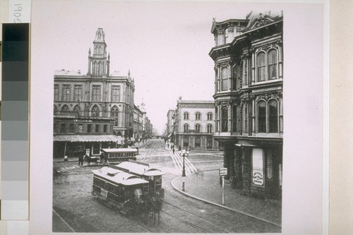 Looking north on Montgomery from Market. Masonic Temple on left; Donohoe-Kelly Bank on right; Grand Hotel on extreme right. 1862