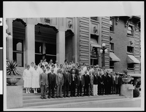 Hospital superintendent and administration staff on the steps of the Administration Building, Los Angeles County General Hospital, ca.1925