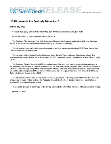 UCSD presents the Peabody Trio--Apr. 3