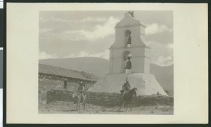 Two men on horseback at "Mission St. Francis at Pala", perhaps in Mexico, ca.1900