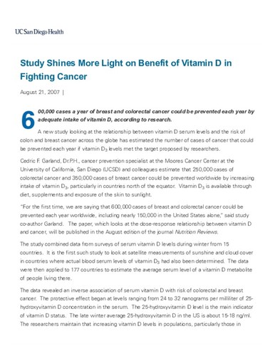 Study Shines More Light on Benefit of Vitamin D in Fighting Cancer