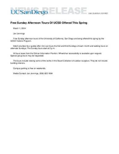 Free Sunday Afternoon Tours Of UCSD Offered This Spring