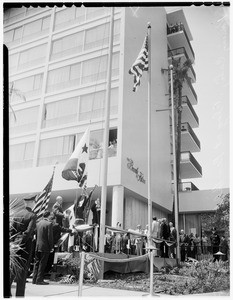 Nixon flag raising at Beverly Hilton Hotel, 1955