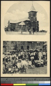Children pose outside the church of the Mission of the Redemptive Fathers, Congo, ca.1920-1940