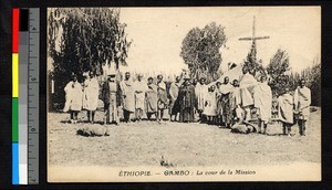 Missionary fathers with gathered people, Ethiopia, ca.1920-1940