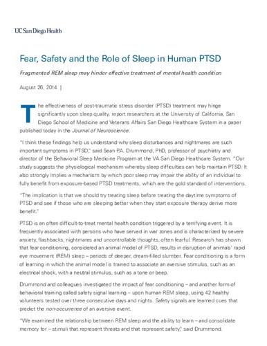 Fear, Safety and the Role of Sleep in Human PTSD