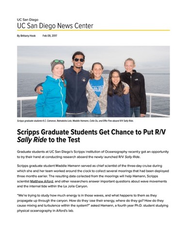 Scripps Graduate Students Get Chance to Put R/V Sally Ride to the Test