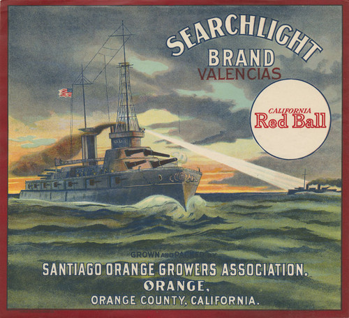 Crate label for "Searchlight Brand Valencias, " Santiago Orange Growers Association, Orange, California, 1920-1930