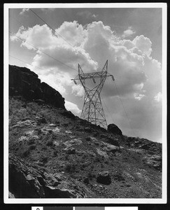 Boulder Canyon transmission line near Boulder Dam (Dead End Tower), ca.1935