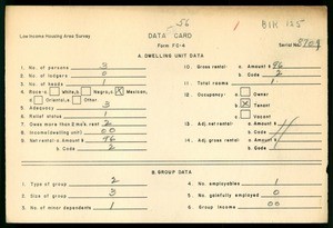 WPA Low income housing area survey data card 56, serial 8709