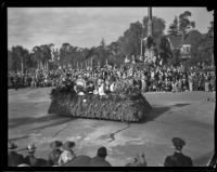 Small band in a decorated automobile in the Tournament of Roses Parade, Pasadena, 1932