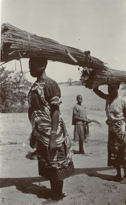 African women carrying bundles of reeds (?) on their heads
