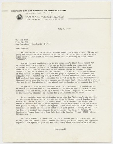 Letter to Ant Farm from Charles Lamsden (Main Street 74 folder)