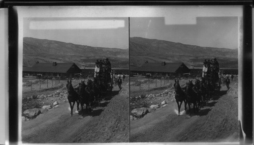Six-Horse Tally-Ho Leaving Mountain-Walled Gardiner for Trip Through Yellowstone N. Park