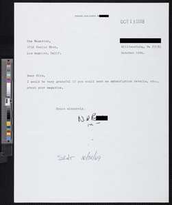 Nigel B., letters (1969)