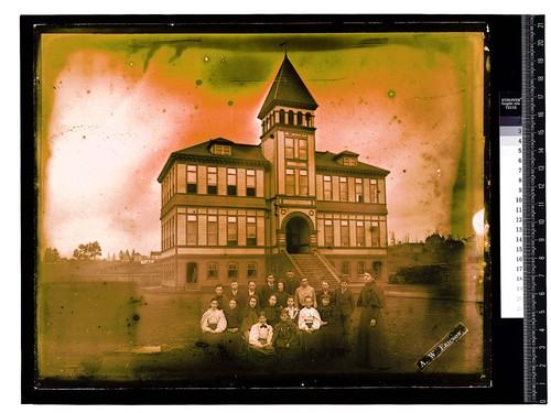 Public School, Arcata [Teacher and students posing in front of Arcata School]