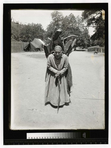 [Elderly woman carrying burden basket full of wood]