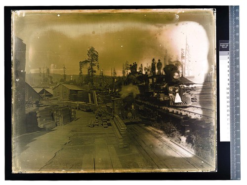 [Men, women & children pose with a loaded log train in a mill yard]