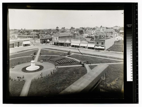 [Bird's eye view looking northwest over Arcata Plaza and beyond]