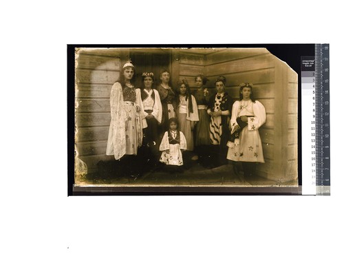 [Group, most young, dressed in traditional Scandinavian clothing]