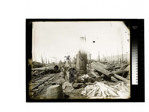 [Workers pose amid railroad flat car, steam donkey in heavily logged scene]