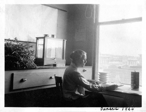 [Plant anatomist Katherine Esau in lab in Oxnard, California doing research on Bangolia peas]