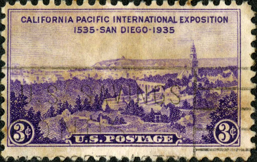 [Cancelled postage stamp depicting the California Pacific International Exposition ]