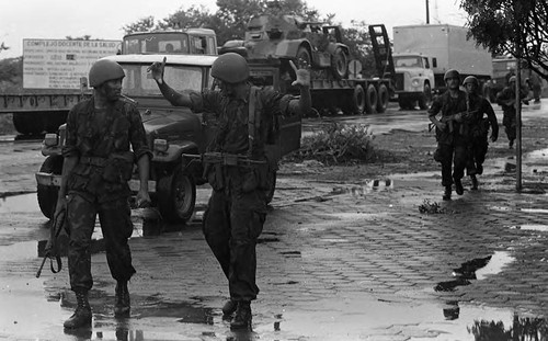 Soldiers and trucks, Managua, 1979