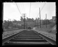 Know Your City No.143 View looking down train tracks at the abandoned Pacific Electric tunnel and hillside Los Angeles, Calif