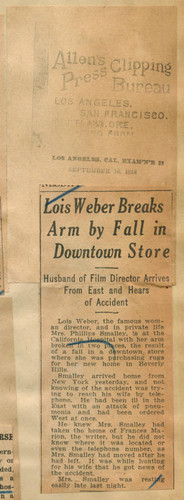 Lois Weber breaks arm by fall in downtown store