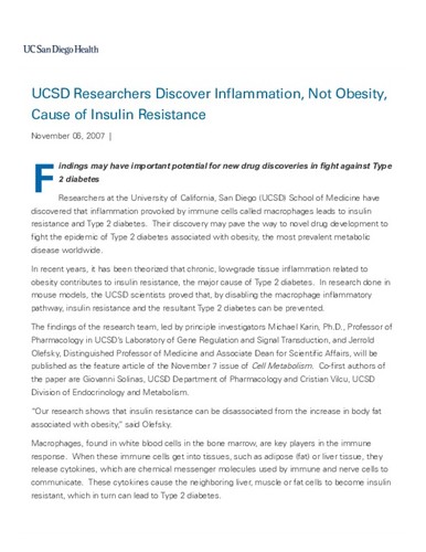 UCSD Researchers Discover Inflammation, Not Obesity, Cause of Insulin Resistance