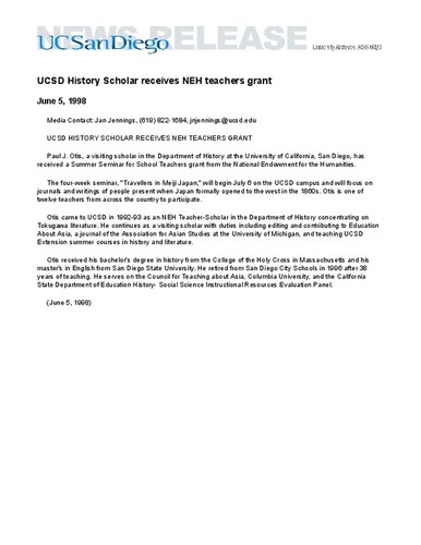 UCSD History Scholar receives NEH teachers grant