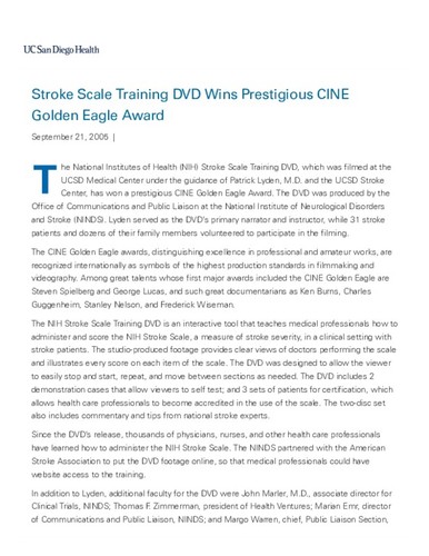 Stroke Scale Training DVD Wins Prestigious CINE Golden Eagle Award